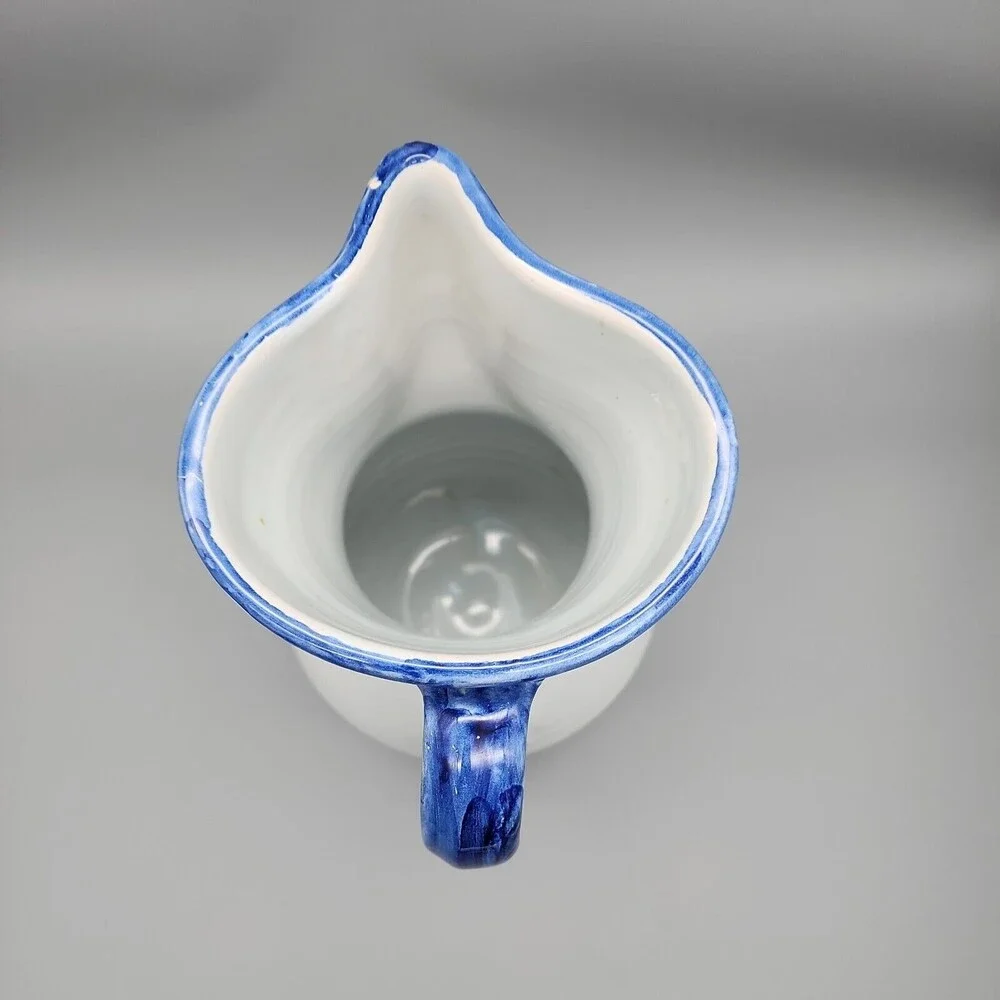 Talavera Spain Vino Pitcher Jug Hand Painted Pottery White Cobalt Blue Marked